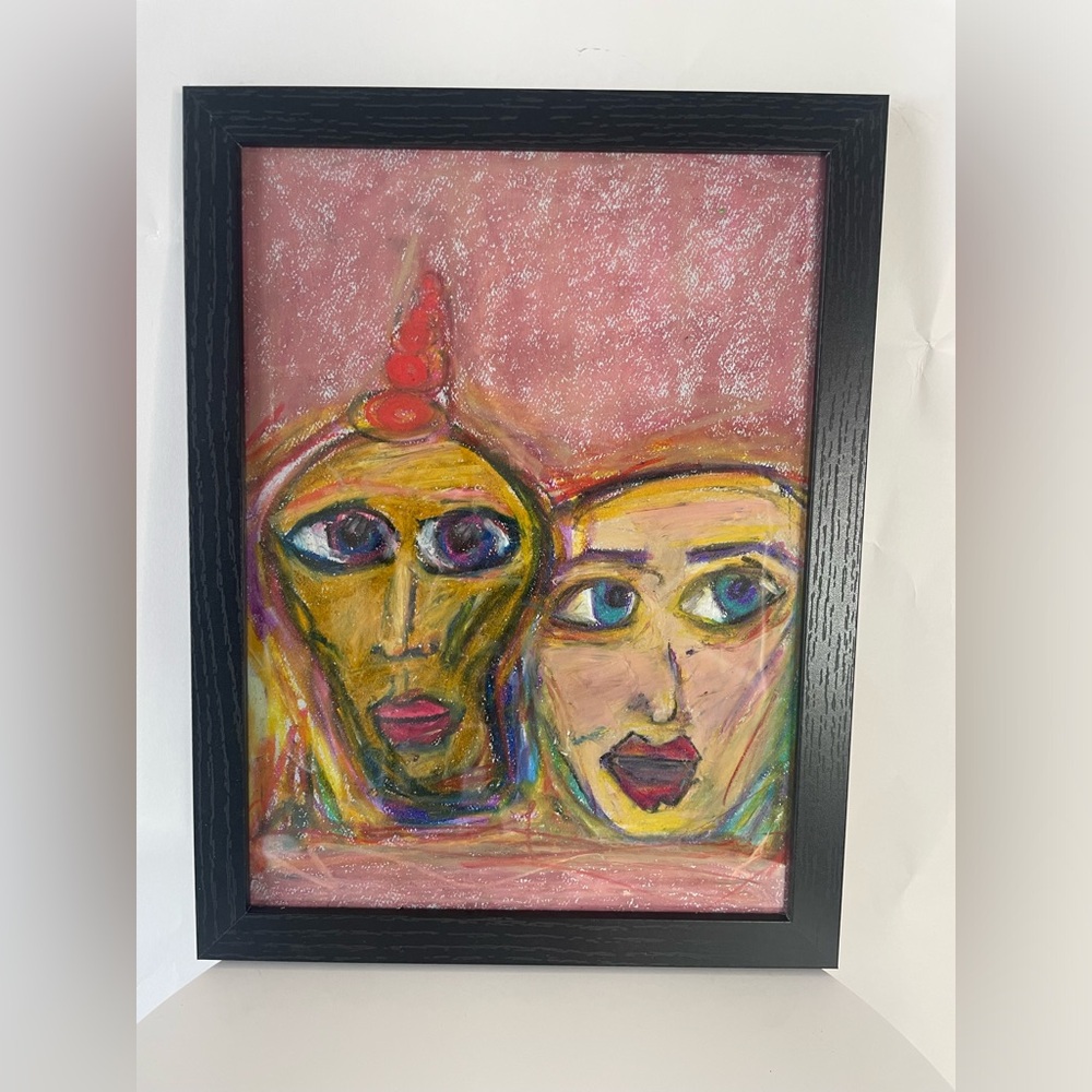 Oil pastel #8, faces, framed 10x13”